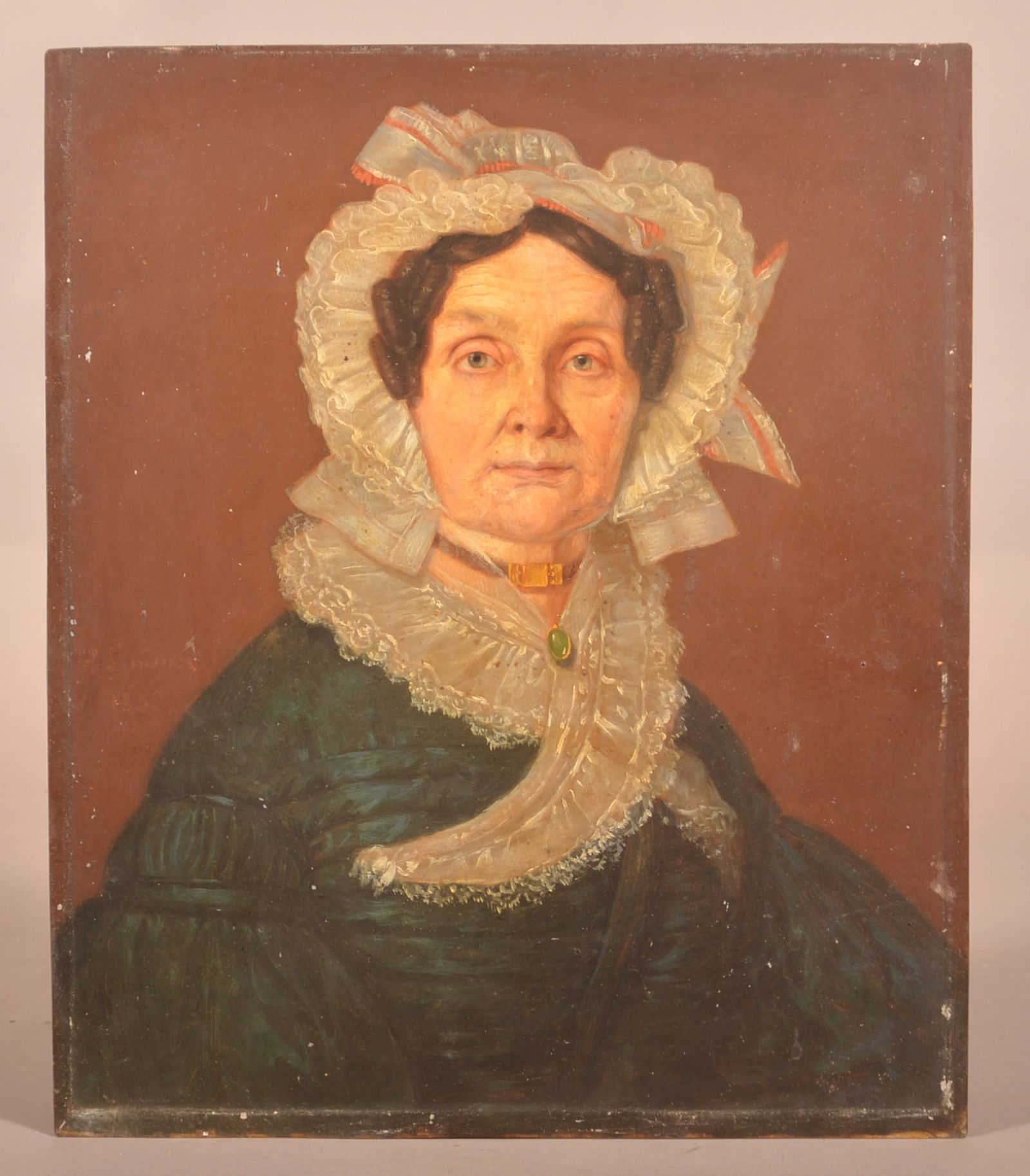 American 19th Century Portrait Painting on Tin.: American 19th Century Portrait Painting on Tin. Unsigned and unidentified. Depicts a mature lady wearing a lace bonnet and blue dress. Unframed, 14-1/2" x 12-1/4".