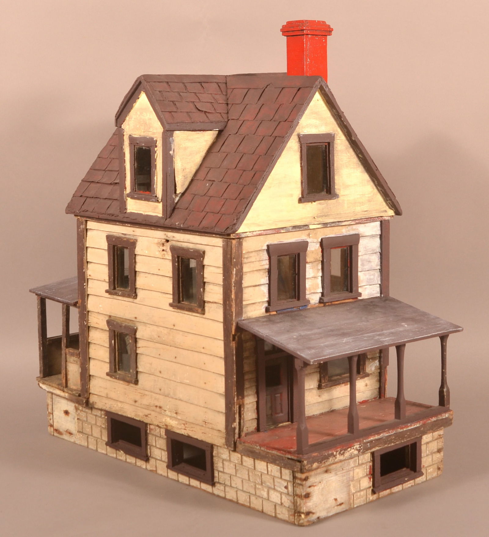 Antique Child's Dollhouse.: Antique Child's Dollhouse. Homemade doll house, American, ca. 1930's, with lift-off roof. Nicely crafted from recycled wood from shipping crates, metal for the roof shingles and glass windows. 15 33"h