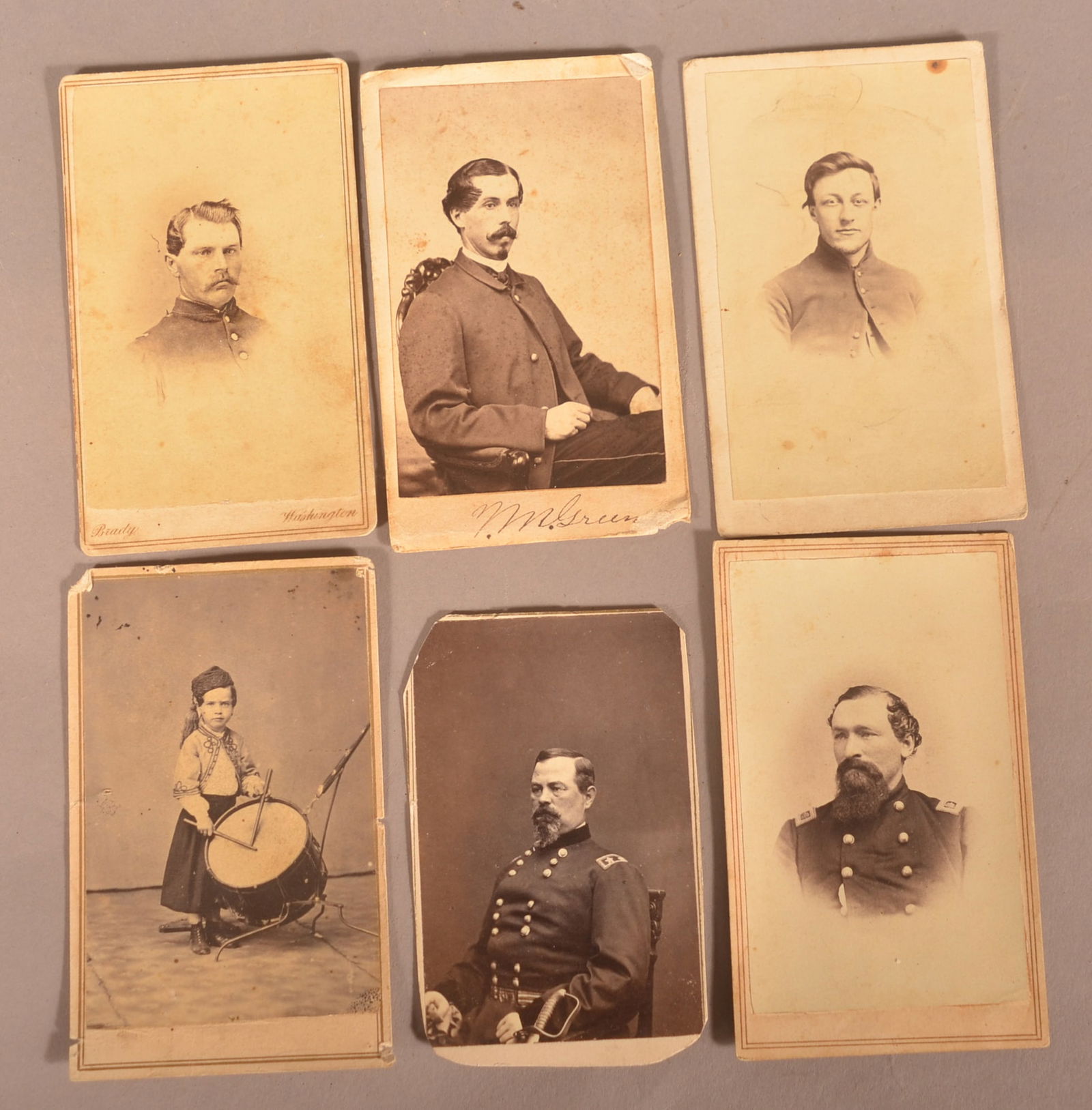 CDV Child with Drum and Union Soldier CDV's.: CDV Child with Drum and Union Soldier CDV's. Bust view of Daniel Ridenour, 2nd Pennsylvania Heavy Artillery. Brady backmark, signed in pencil on reverse with collector info. Bust view of Union Officer