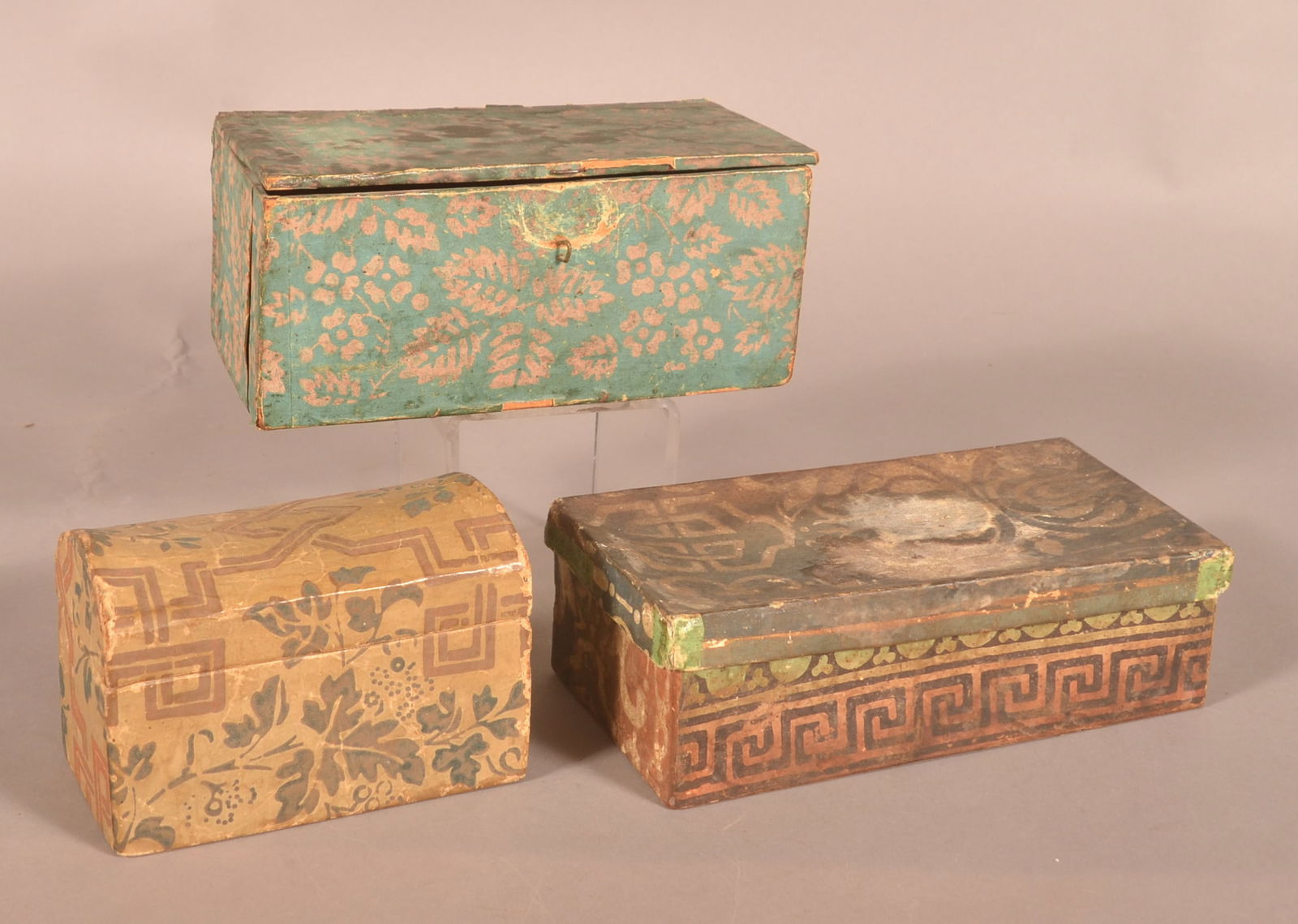 Three 19th C. Rectangular Wallpaper Trinket Boxes. (1 of 5)