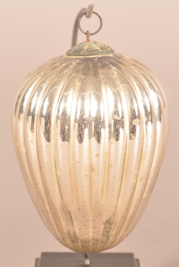 German Silver Glass Ribbed Egg-Form Kugel.: Antique German Silver Glass Ribbed Egg-Form Kugel. Beehive cap. 4-1/4"h.