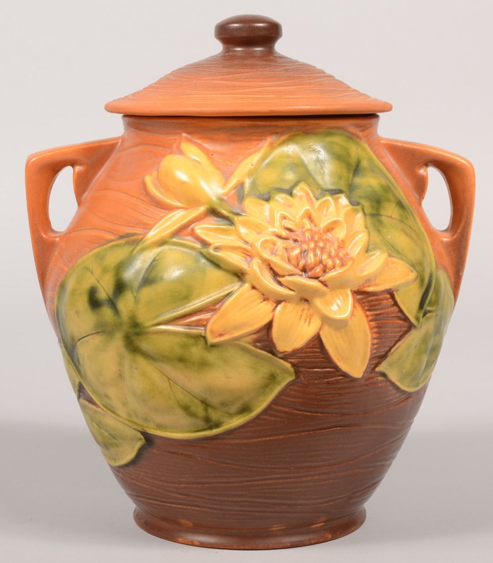 Roseville Pottery Brown Water Lily Cookie Jar. Large pi