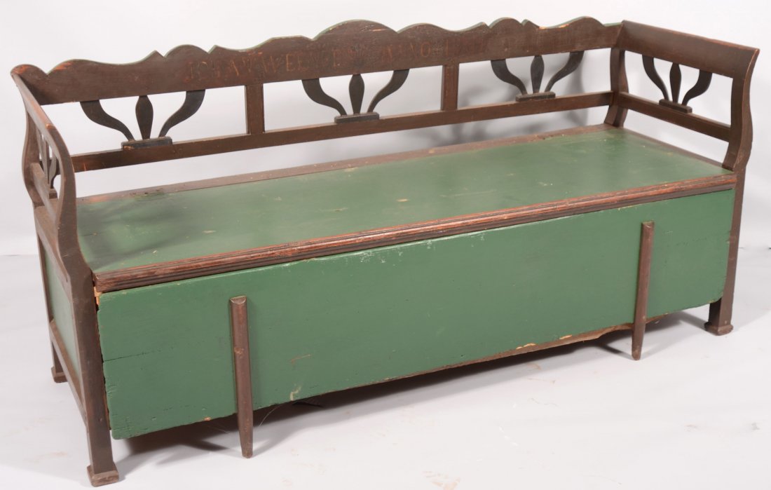 Painted Mixed Woods Bench with Banister Back and Wood B: Painted Mixed Woods Bench with Banister Back and Wood Box Seat. Green ground with brown trim and painted on crest rail, "Johan Werner, Anno 1901." 35"h. X 76"w. X 26"d., seat ht. 21" Condition: Good w
