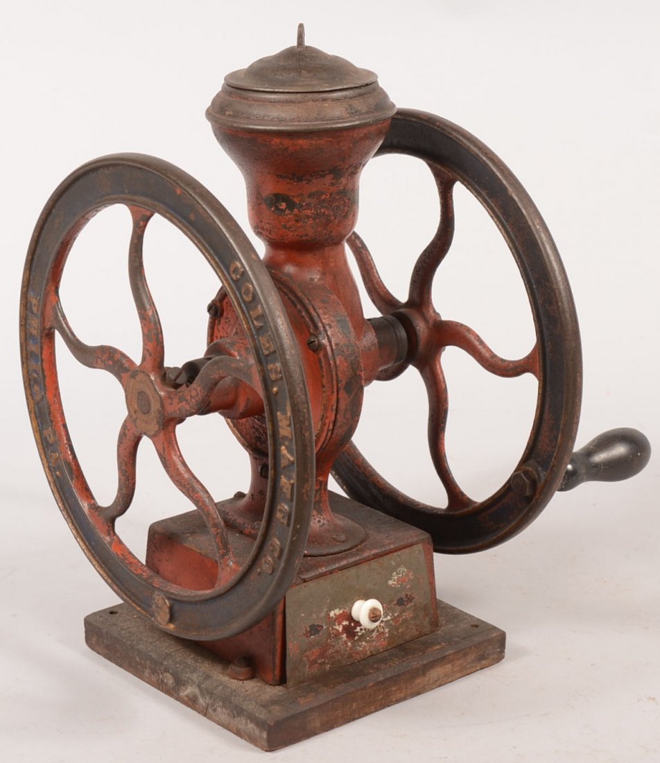 Painted Cast Iron Double Wheel Coffee Grinder. Marked
