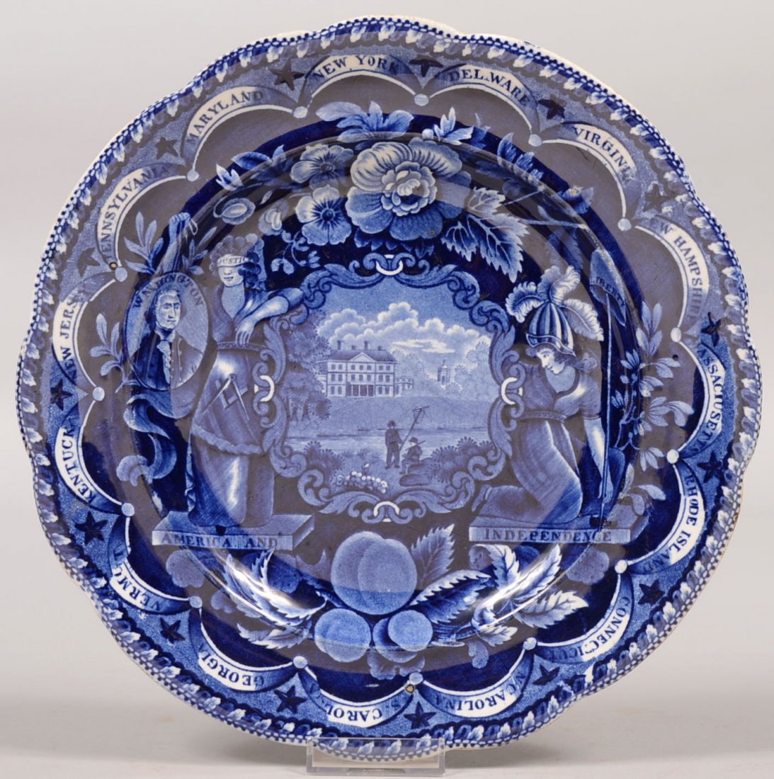 Historic Dark Blue Staffordshire States Plate. Scallope: Historic Dark Blue Staffordshire States Plate. Scalloped rim border shows fifteen states listed in scalloped banner form, portrait of Washington on left held by "Justice" with Masonic apron. Impressed