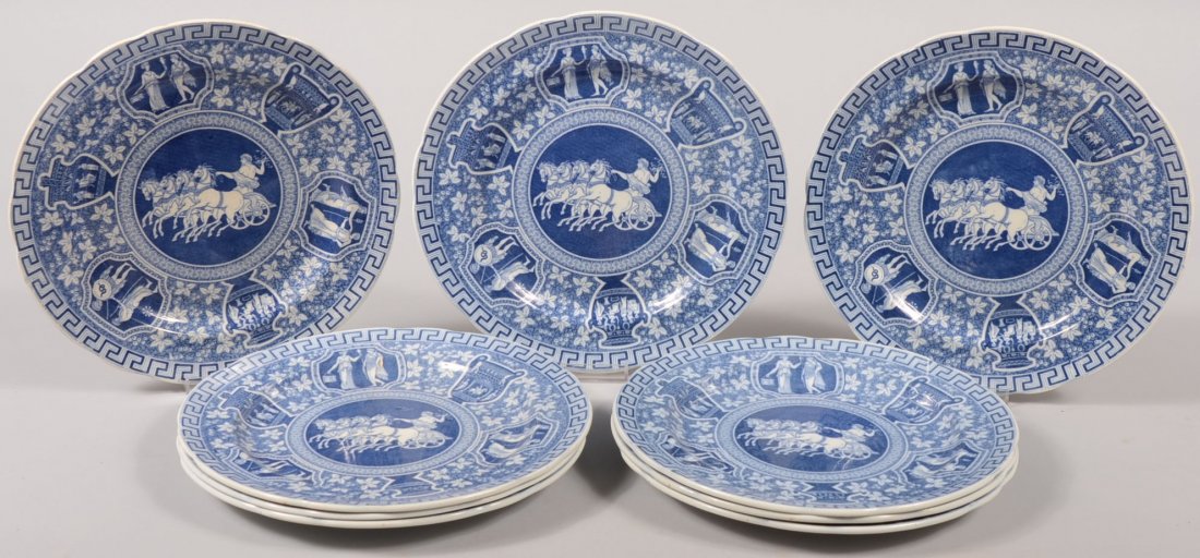 Nine Blue Transfer Decorated Late Spode Plates. Marked:: Nine Blue Transfer Decorated Late Spode Plates. Marked: "Copeland, Late Spode, England, 'Greek' " on back of each scalloped rim piece. 10 1/2"dia. Condition: All good, no damage.