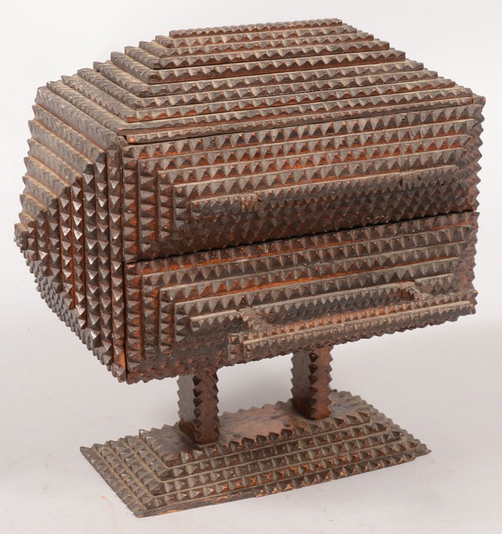 Chip Carved Pedestal Tramp Art Trinket Box. Two legged : Chip Carved Pedestal Tramp Art Trinket Box. Two legged pedestal on a five layer pyramid base supports a box composed of multi layered pyramid sides and lift lid. Front bears two elongated pyramids wit