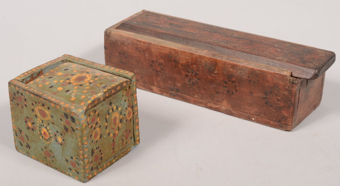 Two Paint Decorated Slide Lid Wood Boxes. A long narrow