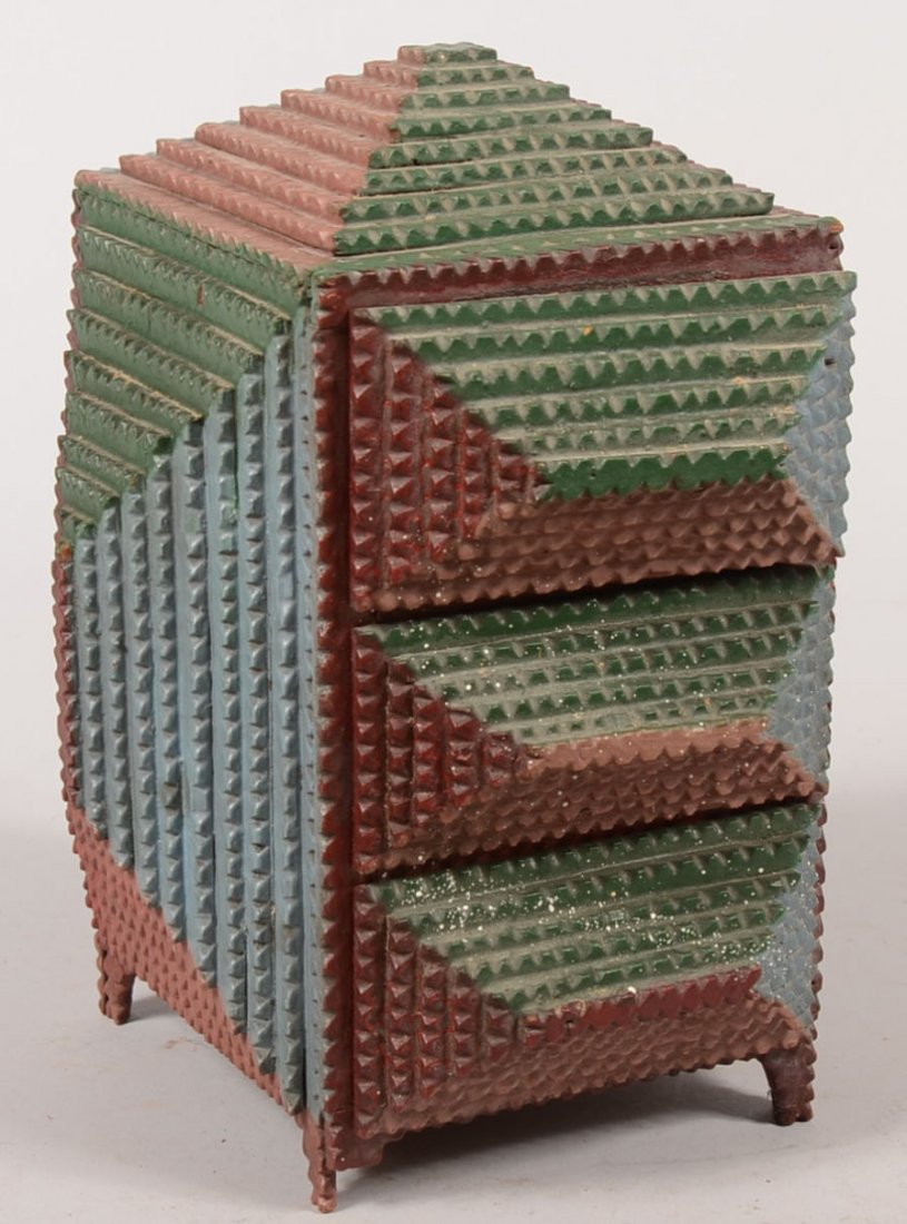Paint Decorated Tramp Art Small Chest of Drawers. Layer: Paint Decorated Tramp Art Small Chest of Drawers. Layered chip carved pyramid sides and three drawer fronts of up to ten layers. Painted in four colors, deep red, blue, green and light red or rose. Th