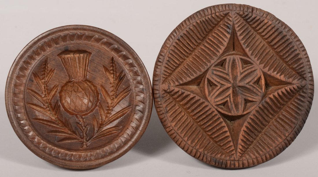 Two Carved Round Wood Butter Prints. A thistle with lea: Two Carved Round Wood Butter Prints. A thistle with leaves and a serrated rim. 3 3/4"dia. Together with a six point star in a fluted and contoured square with additional fluting and a serrated rim. 4 