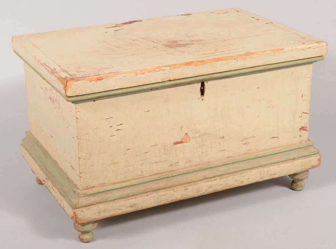 Painted Softwood Lock Box with Feet. Resembling a small: Painted Softwood Lock Box with Feet. Resembling a small blanket chest with molding under lid and at base board and four turned feet. Over-painted in light gray and pale green. Hinged lid has double ha