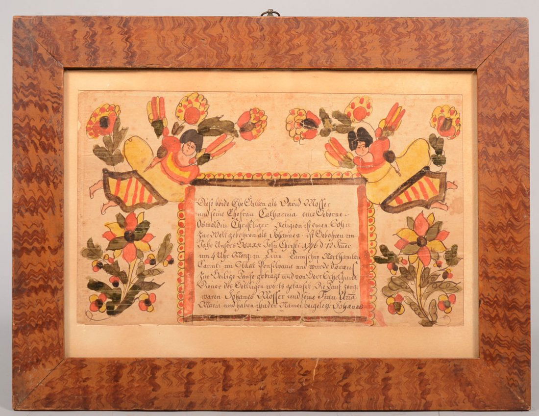 South-central PA. Fraktur by Flying Angel Artist. Old m: South-central PA. Fraktur by Flying Angel Artist. Old mount in an original paint decorated softwood frame with splined corners. Composition shows two angels in red, yellow, black and oxidized green ho