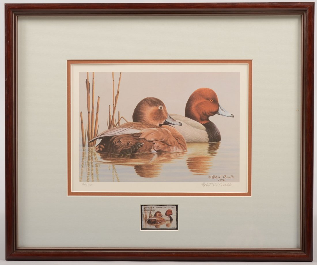 Migratory Waterfowl Stamp Print with Stamp. Issued by S: Migratory Waterfowl Stamp Print with Stamp. Issued by State of Maryland this stamp and print is of male and female Canvasback ducks by Robert Bealle, 1994-'95 and is #8 of 1500. Archival matting and f