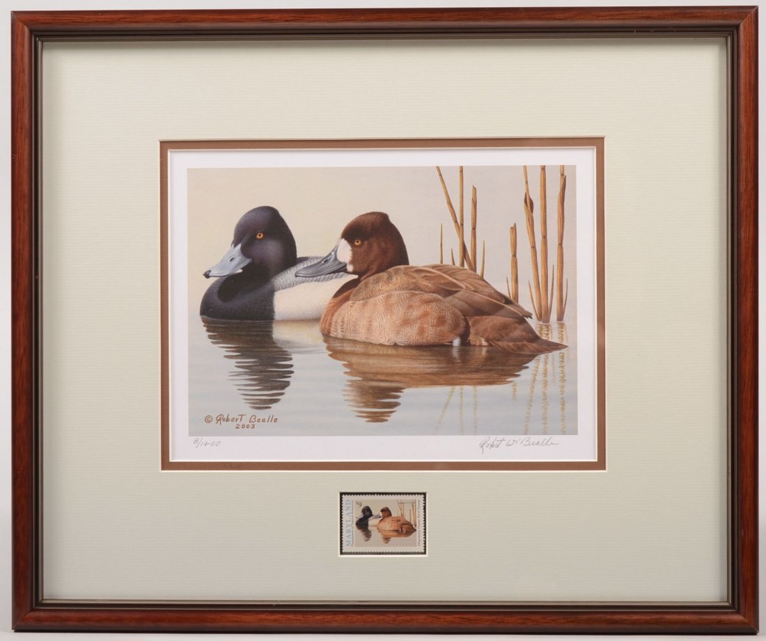 Migratory Waterfowl Stamp Print with Stamp. Issued by S: Migratory Waterfowl Stamp Print with Stamp. Issued by State of Maryland this stamp and print is of male and female Lesser Scaup ducks entitled: by Robert W. Bealle, 2003-'04 and is #8 of 1400. Archiva