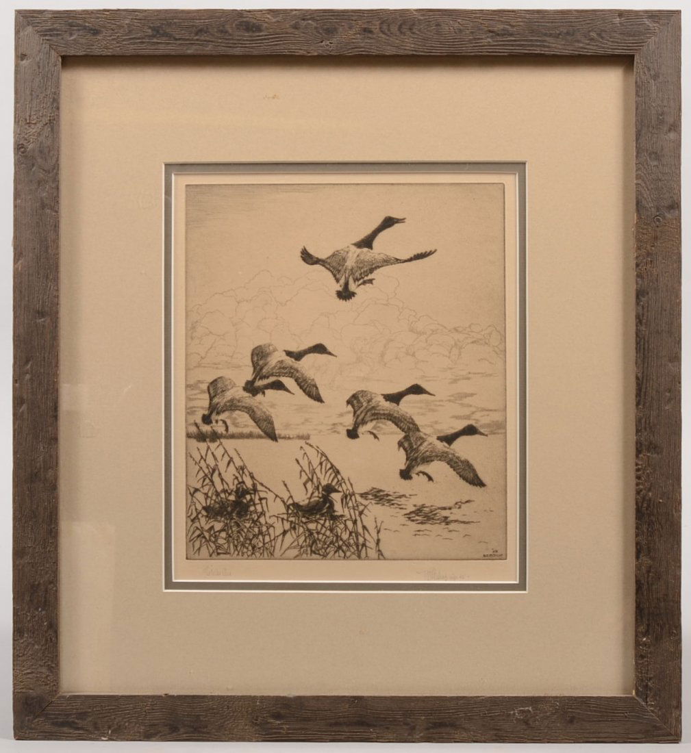 Richard E. Bishop Etching Entitled "The Wise One." Titl: Richard E. Bishop Etching Entitled "The Wise One." Titled and signed on bottom margin: "R.E. Bishop,'25." Etching is double matted and framed. 19 5/8"h. X 18"w. Condition: Good, no damage.