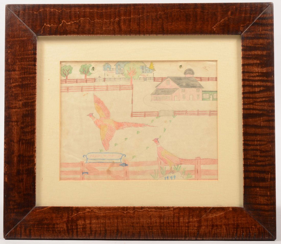 Polychrome Colored Pencil Folk Art Drawing. Farmstead s