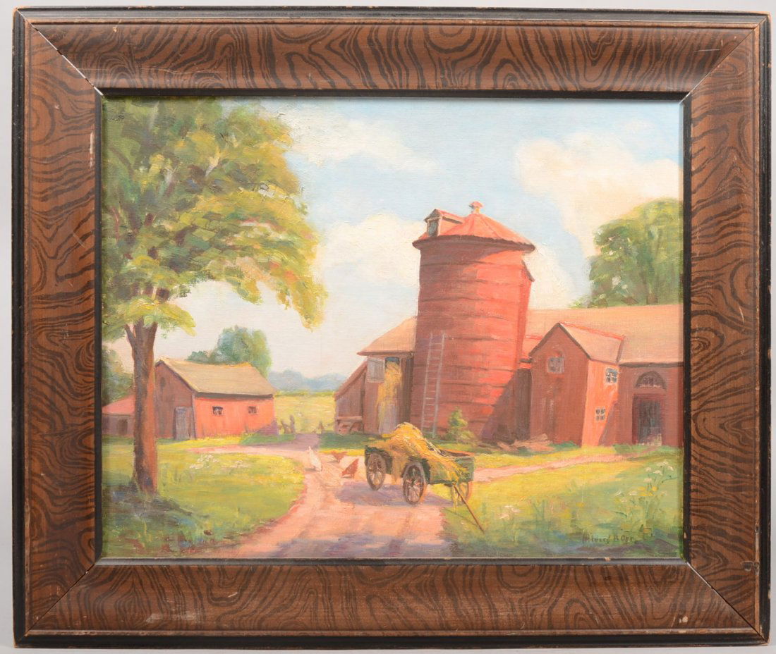 Farm Scene Oil on Artist Board. Bucolic view of barn wi: Farm Scene Oil on Artist Board. Bucolic view of barn with silo, a wagon filled with straw and chickens. Signed in lower right: "Mildred B Orr", no date. Mounted in a faux grained wood frame. 15 1/2"h.