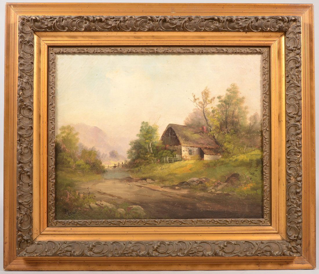 Countryside View of a Thatched Roof House. Late 19th ce: Countryside View of a Thatched Roof House. Late 19th century oil on canvas signed "Hunt" in lower left corner. Probably Continental. Mounted in an ornate plaster molded and oak wood frame. 15 1/2"h. X