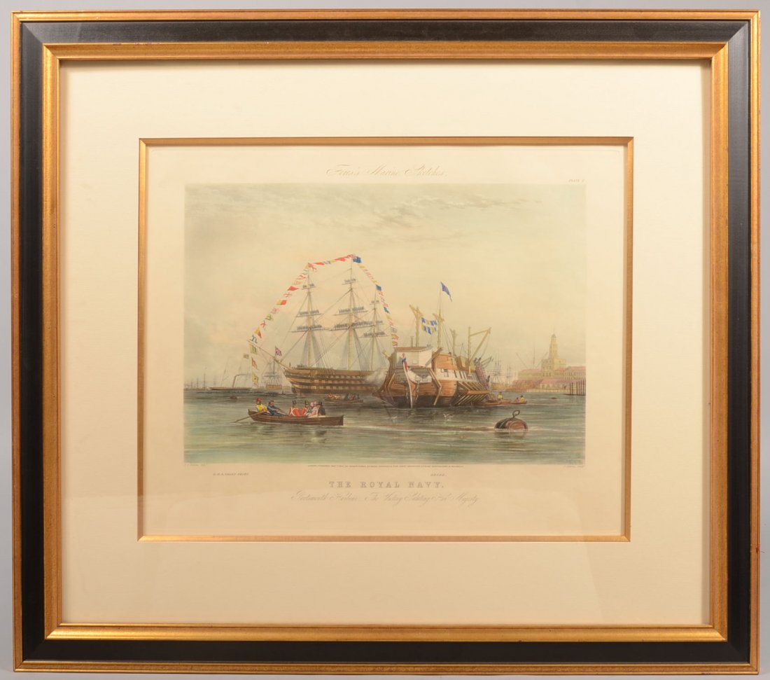 Large Framed Color Engraving of "The Royal Navy." Sub l: Large Framed Color Engraving of "The Royal Navy." Sub line "Portsmouth Harbour-The Victory Saluting Her Majesty" also showing H.M.S. Yacht Fairy among other activity. Published in London, May 1851. Be