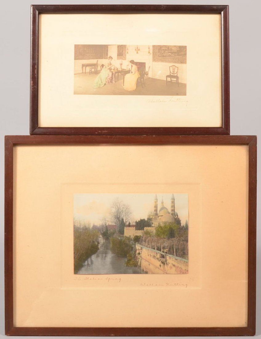 Two Signed Wallace Nutting Framed Colored Prints. Large: Two Signed Wallace Nutting Framed Colored Prints. Larger signed on margin: "The Italian Spring, Wallace Nutting." Showing a walled garden by a stream and a cathedral in the background. Image: 4 3/4"h.