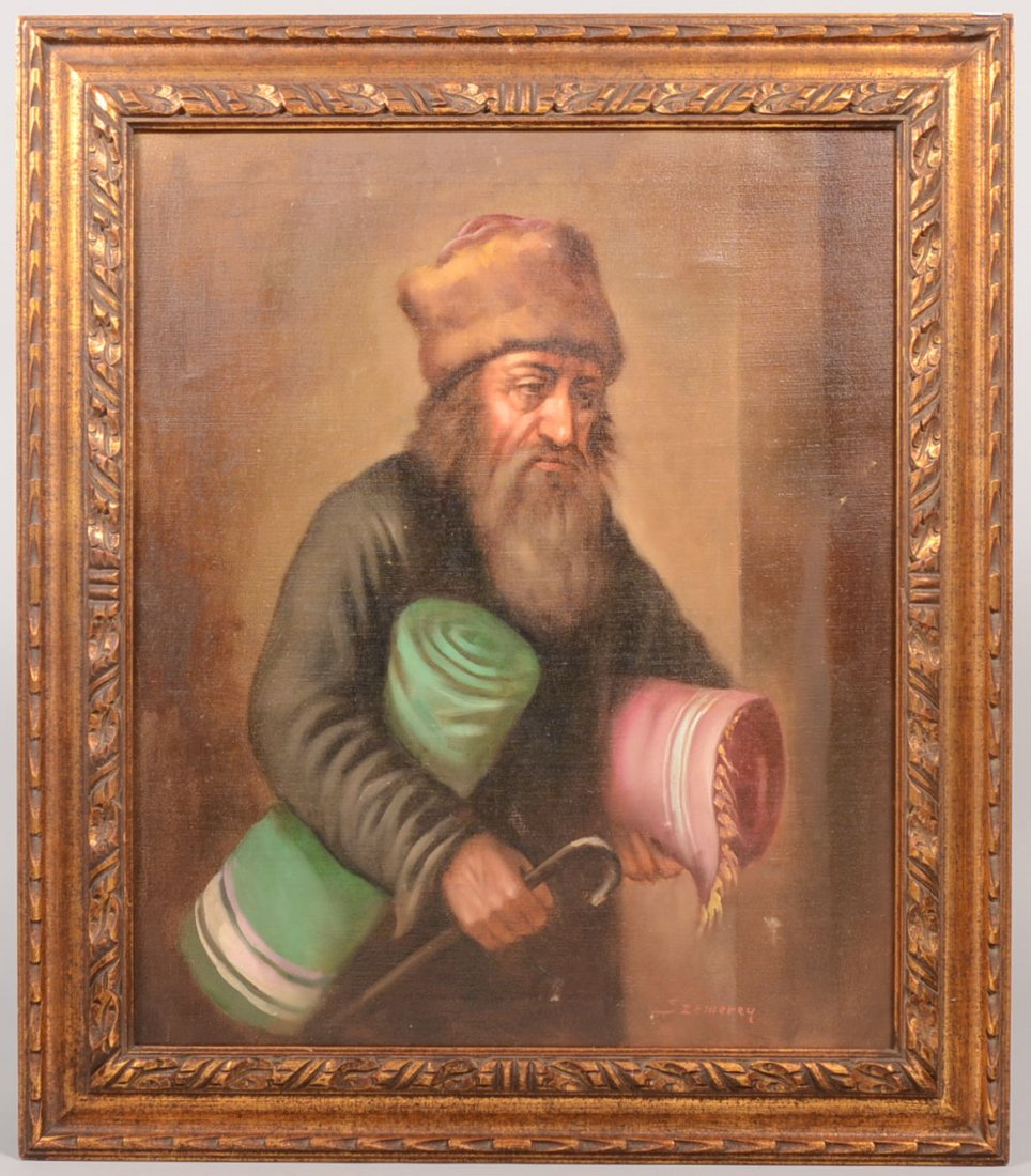 Oil on Canvas of an Old Bearded Man in a Fur Hat. Aged : Oil on Canvas of an Old Bearded Man in a Fur Hat. Aged man carrying two rug rolls and a cane. Signed in lower right: "Szemerey." Mounted in a gilt painted carved wood frame. 23 1/2"h. X 19 1/2"w. sigh