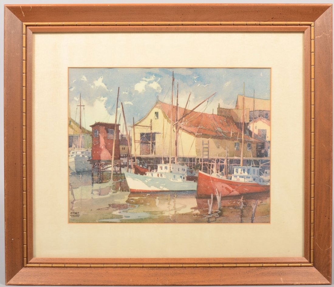 Signed Harbor Scene, Watercolor on Paper. Dock building: Signed Harbor Scene, Print on Paper. Dock buildings and fishing boats. Probably New England. Signed in lower left: "Garnet Hazard." Canadian, b. 1903 - d. 1987. Better known as an oil illustrator, als