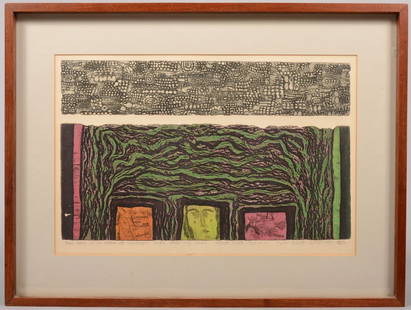 Jyoti Bhatt Artist's Proof Serigraph, N.Y. 1965. Titled: Jyoti Bhatt Artist's Proof Serigraph, N.Y. 1965. Titled: "Three Forms at the Bottom of Landscape Under Dark Sky Above." Bhatt is a traditional Indian art preservationist, teacher and painter. Born in