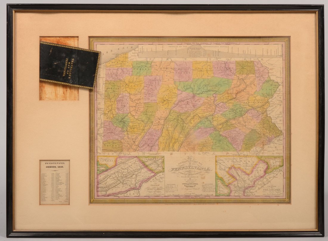 Framed "Traveler's Map of Pennsylvania" County colored : Framed "Traveler's Map of Pennsylvania" County colored map published in 1831 by Augustus Mitchell. Map is accompanied by the gold embossed leather sleeve marked as quoted above and with an 1830 Pennsy