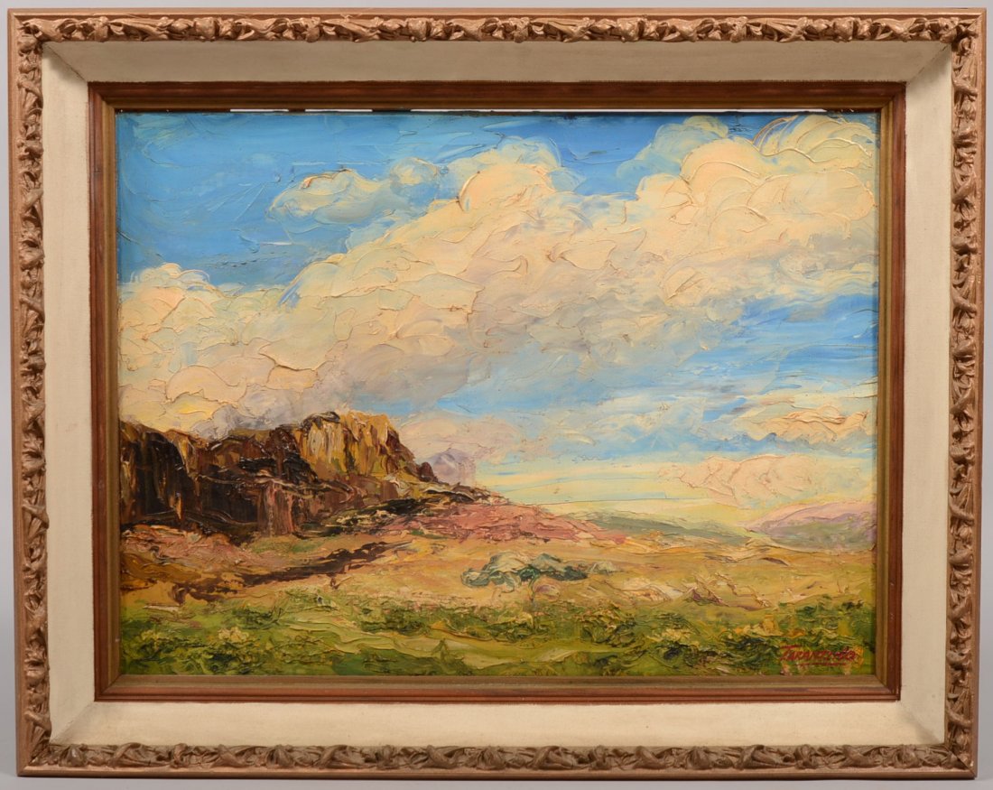 Framed Mountainous Landscape Oil on Board. Signed: "Tar: Framed Mountainous Landscape Oil on Board. Signed: "Tarantino" in lower right corner. Very textural composition of a western butte and range with a big cloudy sky. Mounted in a deep plaster molded woo