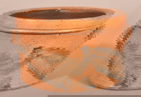 C. Link. Exeter, PA Stoneware Cake Crock.: Berks County, PA, circa 1870, with cobalt blue floral and foliate decoration. Stamped "C. Link Pottery, Exeter". 4-1/4" H x 8" diam.