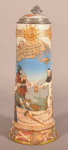 Villeroy & Boche Mettlach 3-1/2 Litre Stein.: Polychrome decoration depicting Crusaders returning to Germany being greeted by a Monk bearing beer. Signed/created by Heinrich Schlitt. 19-1/4"H x 7-1/4" diam.