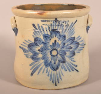Rare Cowden and Wilcox 5-Gallon Crock.: With a bold brushed cobalt blue floral burst decoration attributed to Shem Thomas. Straight-sided crock with semi-round rim, tooled side and lug handles. Pictured in "Decorated Stoneware of Cowden" by