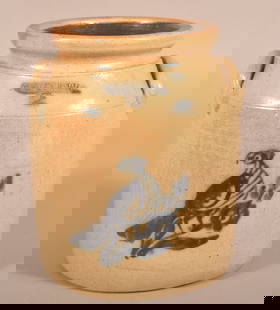 Whites, Utica 2-Gallon Stoneware Jar.: Bird perched on a floral branch freehand cobalt slip decoration. 11" H x 8-1/2" diam.
