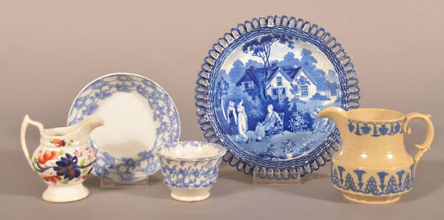 Lot of Miscellaneous Antique China.: Including a blue transfer soft paste plate, blue sponge child's cup and saucer, Gaudy Welsh miniature pitcher and a Parian cream pitcher. Plate, 7" diam.