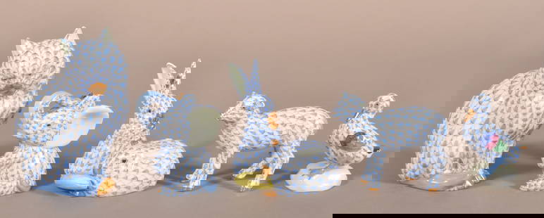 Group of Five Herend Fishnet Porcelain Animals.: Including a cat, lamb, duck, elephant and rabbits. Largest, 4-1/2" H x 3-1/2" L