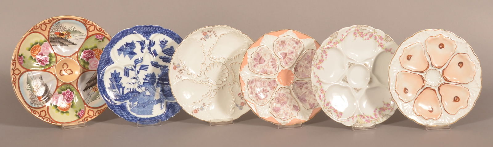Six Various Decorated China Oyster Plates. (1 of 3)