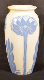 Rookwood Art Nouveau Blue on White Vase.: Dated 1936, shape 2544, artist signed Margaret Helen McDonald. Hi-gloss Art Nouveau alternating foliate decoration. 8" H x 4" diam.