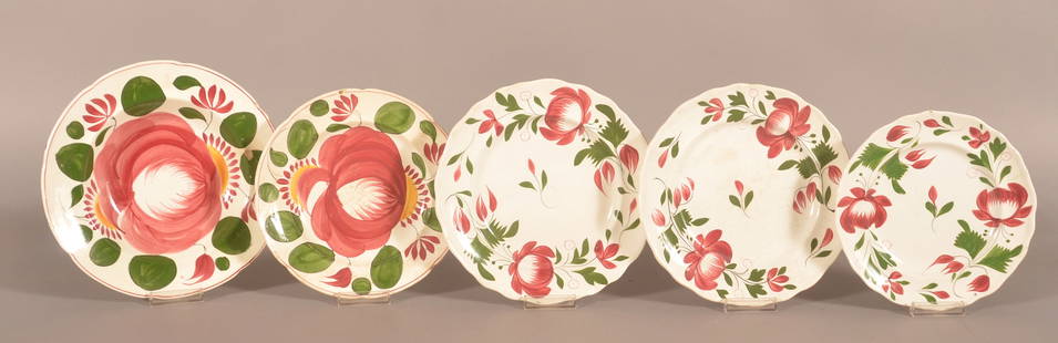 Five Staffordshire China Rose Pattern Plates.: Two Cabbage Rose and three Early Adams Rose. 7-1/2" to 9" diam.