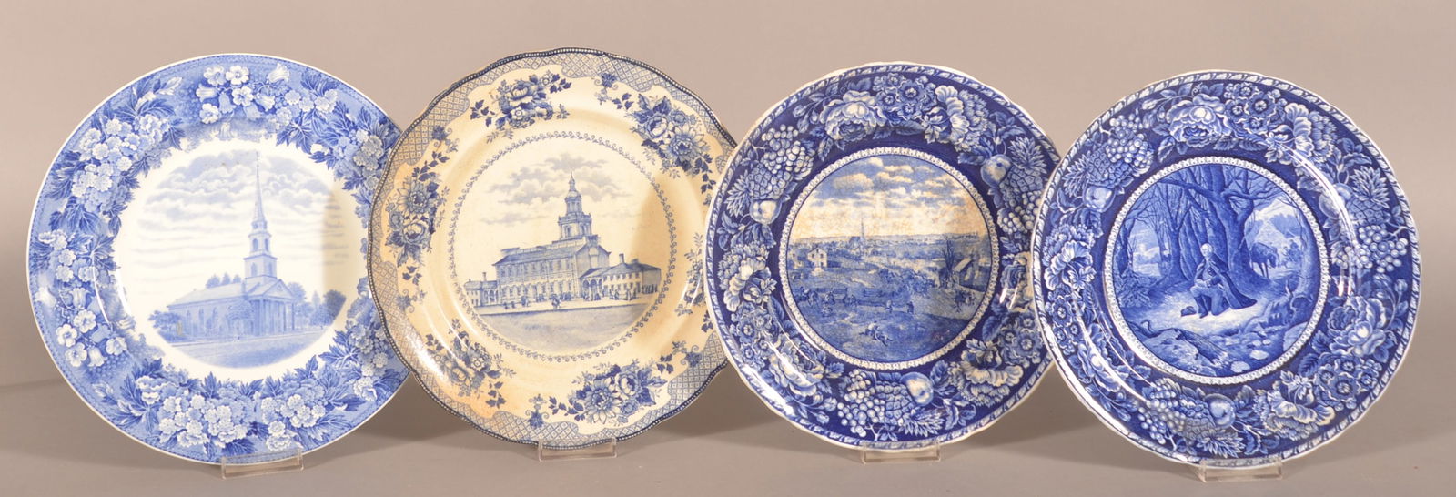 Four Staffordshire China Blue Transfer Plates. (1 of 6)