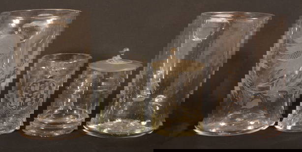 Four European Blown Colorless Flint Glass Mugs.: Early 19th century, two are copper wheel engraved, one is pewter mounted. Largest, 6" H x 3-1/2" diam.