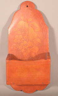 PA 19th Century Painted Softwood Wall Box.: Original red ground paint with stenciled yellow fruit, foliate and lattice decoration. Shaped backboard with pegged construction. 17-3/4" H x 7-3/4" W x 4-3/4" D.