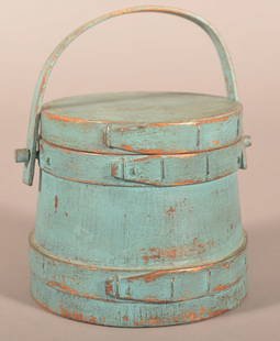 Small Vintage Blue Painted Wood Covered Firkin.: Softwood tapered body stave construction, bentwood handle with peg attachments, bentwood bands with tapered lap joints. 5" H (not including handle) x 5-1/2" diam. at base.
