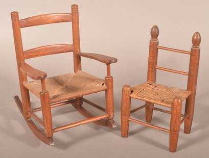 Two Antique/Vintage Miniature Chairs.: Shaker-style rush-seat rocking chair and woven oak splint-seat side chair. Rocker, 11-1/2" H x 8-1/2" W x 11" D, Side chair, 10" H x 6" W x 5-1/4" D