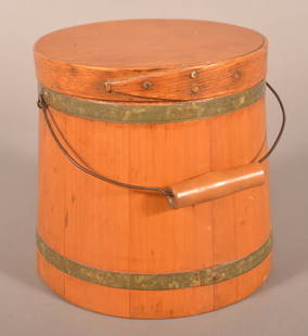 Antique Shaker-Type Pine Firkin.: Wire bail handle with wood grip, bentwood chestnut lid with copper tack finger joint, tapered side with metal band supports. 7-3/4" H x 8" diam. at base.