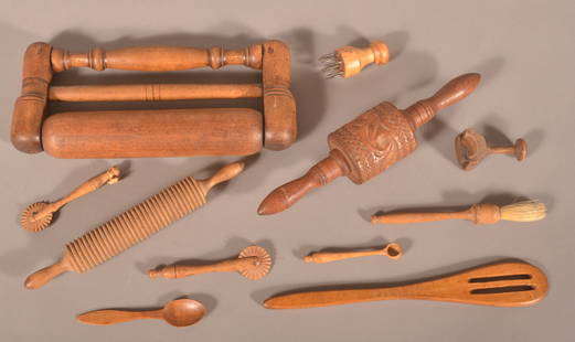 Lot of Antique Wood Utilitarian Utensils.: Including rolling pins, noodle cutter, pie crimpers and various utensils. Largest rolling pin, 6" H x 13" L x 2-1/2" D