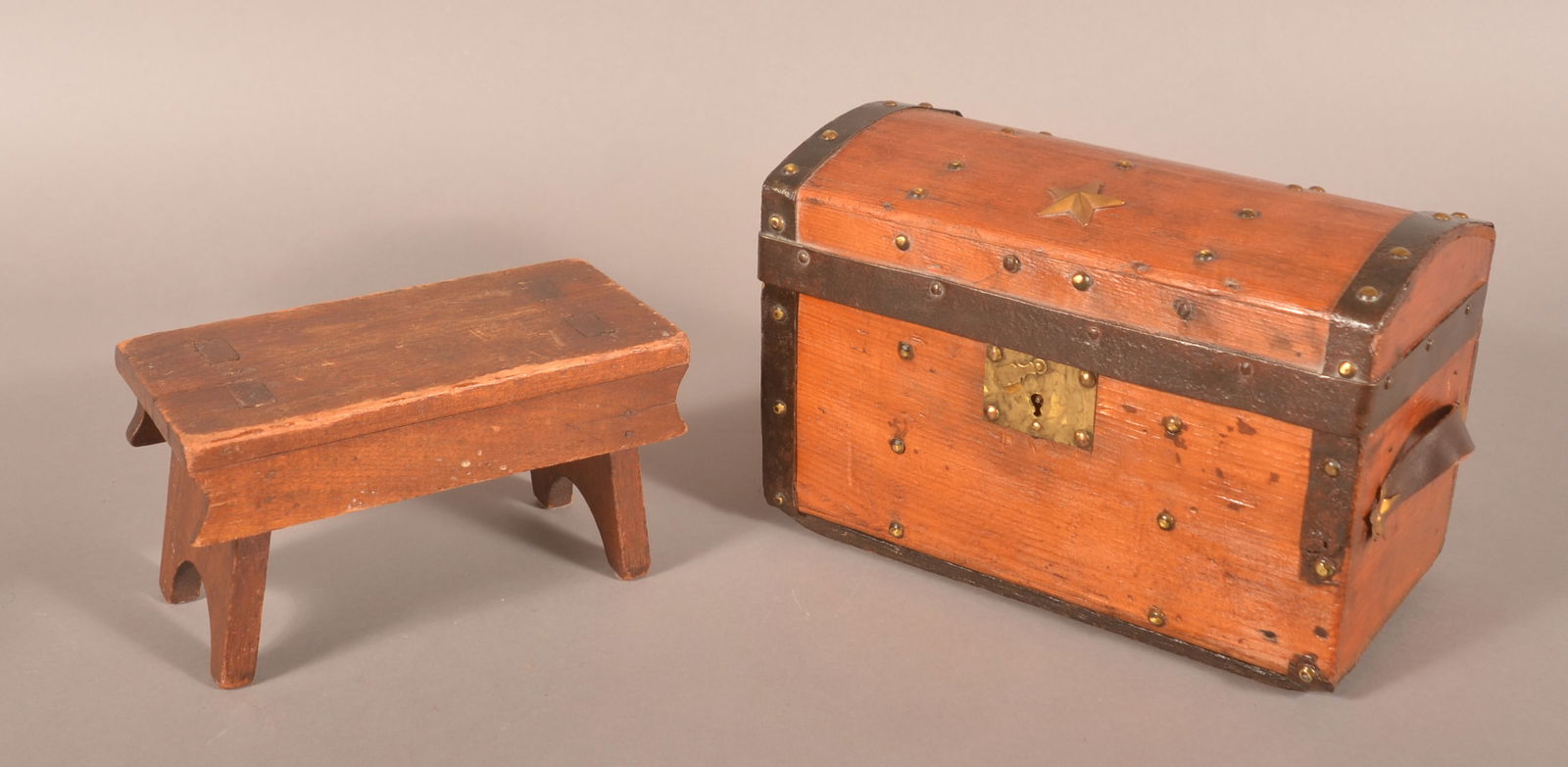 Antique Mortised Leg Stool and Miniature Trunk. (1 of 5)