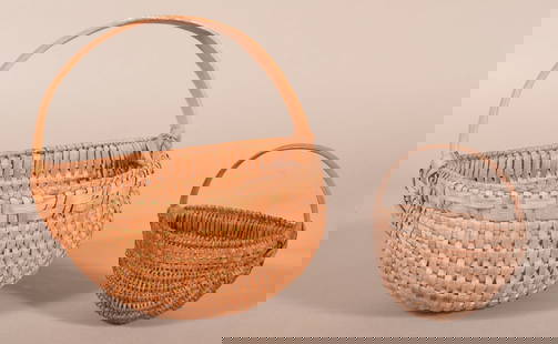 Two Woven Splint Oak Wall Baskets.: Pennsylvania 19th century half-round baskets with bentwood handles and wrapped rims. 4-3/4"H x 4-1/2" W x 3" D and 8-1/4" H x 9" W x 4-3/4" D