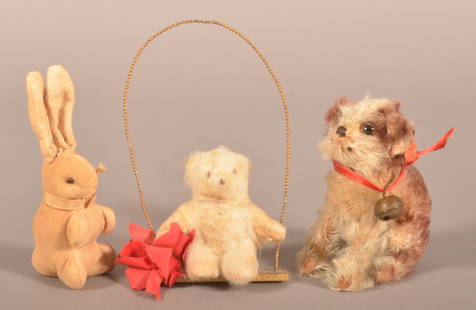 Three Antique/Vintage Plush Animals.: Including Steiff "Molly" dog with glass eyes, (has button) circa 1920's, cotton bear on swing, and fabric bunny with metal bead eyes. Dog measures, 3-3/4" H x 2" W x 3" D