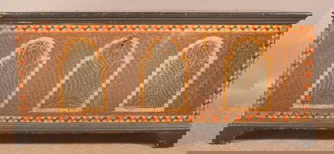 Jonestown, Lebanon Co., PA Painted Blanket Chest.: Paint-decorated blanket chest with triple tombstone design with blue putty decoration on brown ground putty decoration with diamond borders, molded lid, interior till with molded edge, original iron w