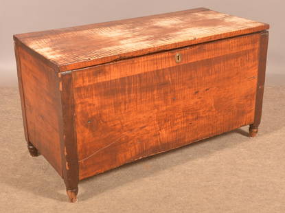 Ohio Sheraton Tiger Maple Blanket Chest.: Plank top with turned feet. 20" H. x 36" W x 16-3/4" D